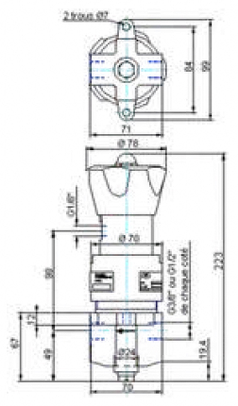 Schéma coté du détendeur D249, vues de dessus et de face&nbsp;: hauteur 223 mm, chapeau Ø 78 mm, corps Ø 70 mm, fixation par 2 trous Ø 7 mm, orifices G3/8" ou G1/2" de chaque côté et G1/8"